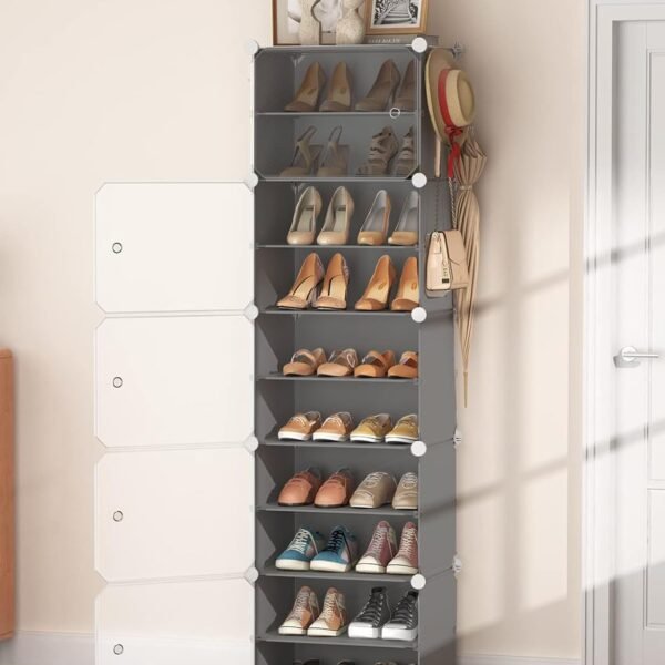Shoe Rack Plastic for Home- Slipper Stand, Chappal Stand, Professional Multipurpose Printed Foldable Standing Comfort Runner Shoe Rack, Utility Shelf (Grey, 10 Shelf 5 Door)