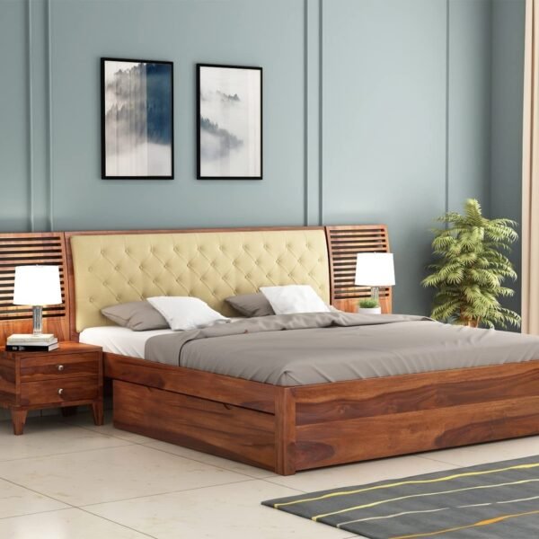 Solid Sheesham Wood Queen Size Bed with Set of 2 Bedside Table | Wooden Double Bed Cot Bed with 2 Drawer Storage & Upholstered Cushioned Headboard for Bedroom | 6.5 X 5 FT, Honey Finish