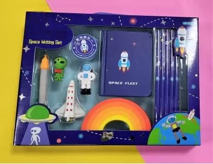 Space Writing Stationery Set for Kids - Space Fleet/Astronaut Theme Set Return Gifts - Eraser, Pencil, Sharpener and 1 Diary (Set of 12)- Multi Color.
