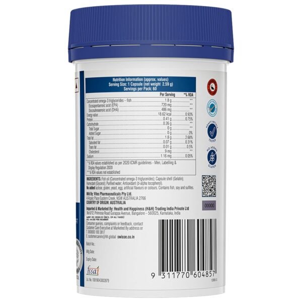 Swisse 4X Strength Fish Oil (1800mg Omega 3 In Single Capsule) Highest Fish Oil Strength - Recommended For Gym Goers & Active Individuals, 60 Capsules (1 Capsule Per Serving)