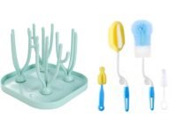 Syga Foldable Baby Bottle Drying Rack - Feeding Cup, Nipple Storage Shelf Stand Holder, Milk Brush, Sponge, Nylon Cleaning Brush, Cleaner Tong Set (4 Pcs)