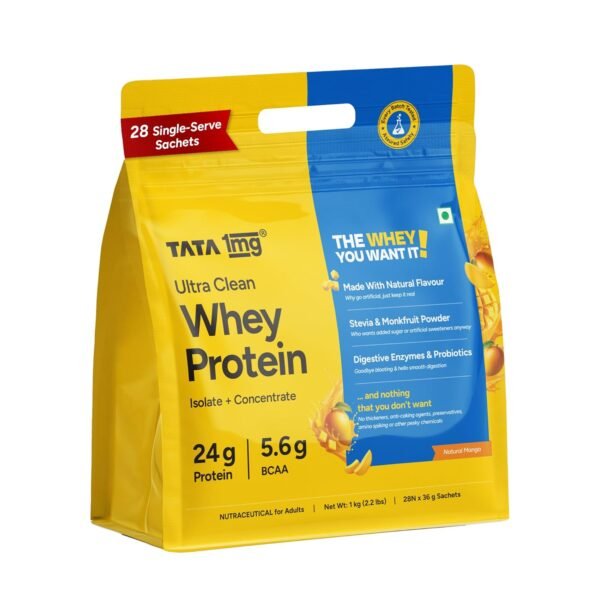 Tata 1mg Ultra Clean Whey Protein Isolate + Concentrate - Natural Mango 1kg | 24g Protein, 5.6g BCAA & 30B CFU Probiotics-28 Sachets