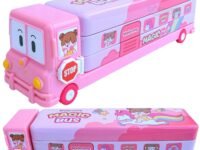 Toyshine Cartoon Printed School Bus Matal Pencil Box With Moving Tyres And Sharpner For Kids - PINK, Metal