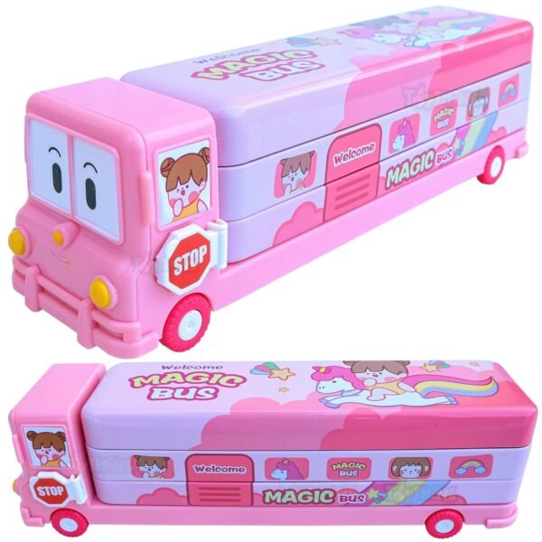 Toyshine Metal Unicorn Magic Bus Printed School Bus Matal Pencil Box With Moving Tyres And Sharpner For Kids- Pink