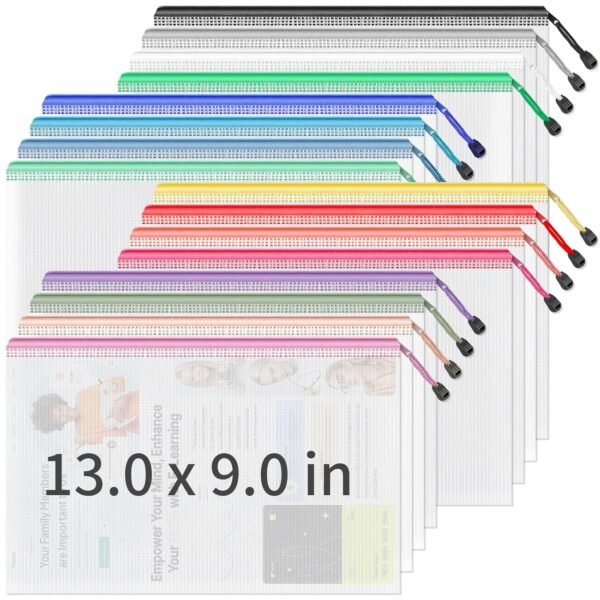 Umriox Mesh Zipper Pouch, 16.9x12.4 in (16 Colors, 32 Packs), Zipper Pouches for Organizing, Clear Zipper Pouches for School Office Supplies (16 Pack - 13.0x9.0 in)