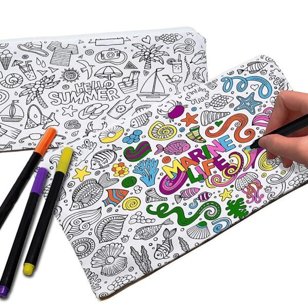 VHALE 2 Pack Color Your Own Pencil Case, Coloring & Pen Case, Stationery Pouch Zipper Bag, Classroom Arts & Crafts, Travel Toys, Party Favors for Kids (Large & Small), White, 8 Piece Set, Modern