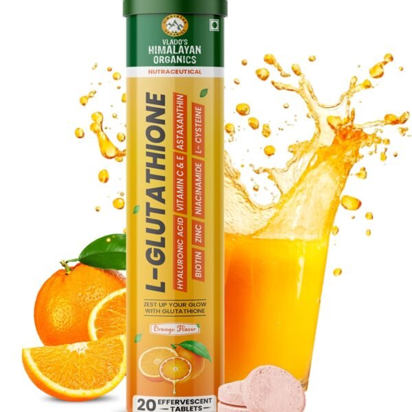 Vlado's Himalayan Organics L-Glutathione - 600MG with Hyaluronic Acid, Niacinamide, N-Acetyl Cysteine - 500mg, Biotin, Zinc, Vitamin C, E & Astaxanthin For Healthy Glowing and Radiant & Youthful Skin & Anti-Pigmentation | 20 Effervescent Tablets - Pack of 1