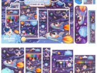 WISHKEY 41 Pieces Space Theme All-in-One Stationery Set Stationery Items with Pencil Box Notebook Scale Eraser Sharpener Crayons Color Pencils Color Pens Pencils Return Gift for Birthday Kids Blue 6+