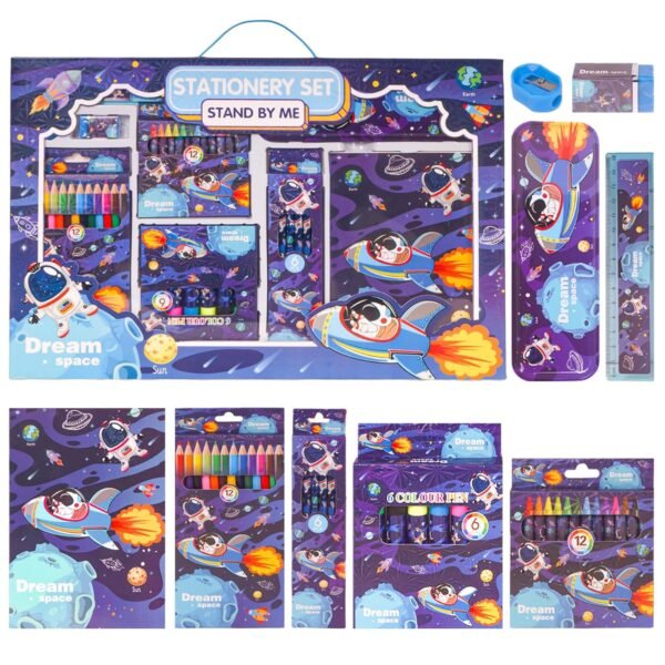 WISHKEY 41 Pieces Space Theme All-in-One Stationery Set Stationery Items with Pencil Box Notebook Scale Eraser Sharpener Crayons Color Pencils Color Pens Pencils Return Gift for Birthday Kids Blue 6+