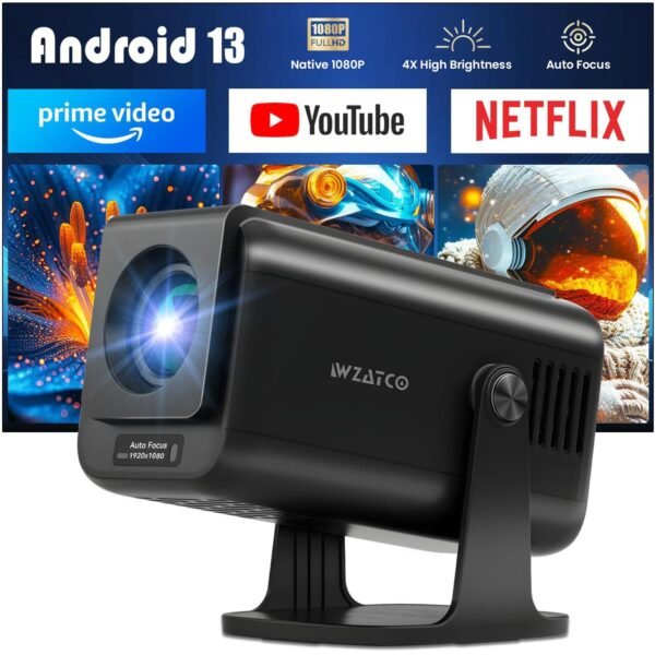 WZATCO Yuva Go Pro Fully Automatic Native 1080P Android 13.0 Smart Projector, Auto Focus, Auto 4D Keystone, 4X Brighter, 4K HDR Support, Rotatable Design, WiFi 6 & BT, Screen Mirroring, ARC