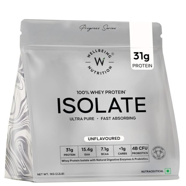 Wellbeing Nutrition Clean Whey Protein Isolate 1kg Unflavoured | 31g Protein, 7.1g BCAA | 4B CFU Probiotics & Natural Digestive Enzymes | Fast Absorbing, No Bloating, Easy to Digest | Faster Muscle Recovery