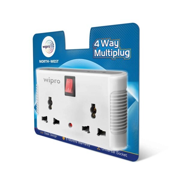 Wipro 4 Way Multiplug Adaptor with 2 Universal Sockets |Inbuilt Surge Protection & Power supply Indicator | Compact & Light weight | 6Amp Multiplug socket for Home, Office | Pack of 2 (White)