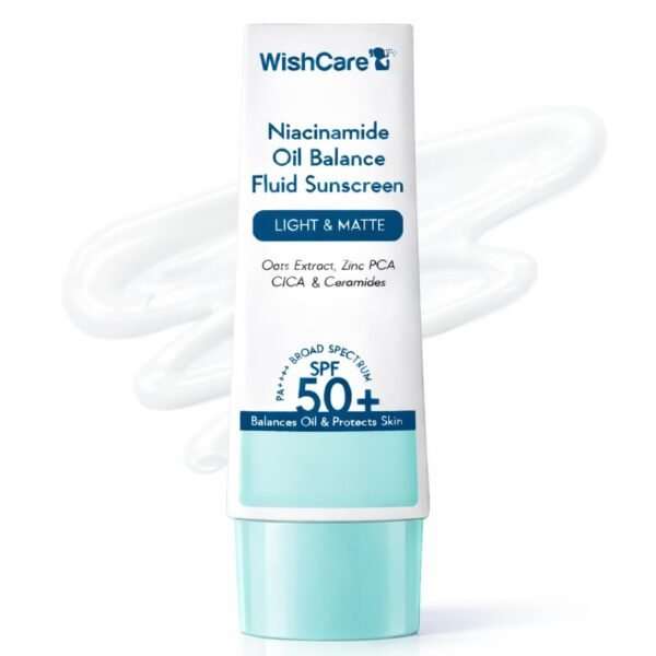 WishCare Niacinamide Oil Balance Fluid Sunscreen SPF 50 PA++++ In-Vivo Tested | 8Hrs+ SPF Protection | Lightweight, Matte & No White Cast | Sunscreen SPF 50 For Oily Skin, Sensitive, Dry & Combination Skin | For Women & Men | 50g