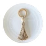 Wooden Bead Napkin Rings Natural Farmhouse Napkin Rings with Small Beads Tassel Table Napkin Holder Rings for Party Pack of 6 (Ring with Jute Thread)