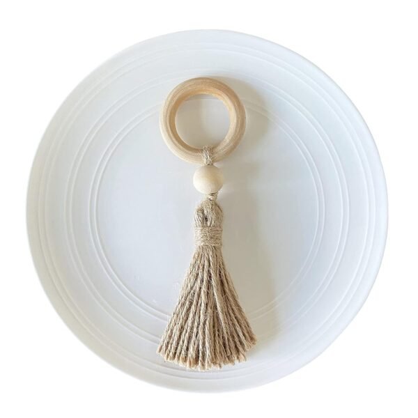 Wooden Bead Napkin Rings Natural Farmhouse Napkin Rings with Small Beads Tassel Table Napkin Holder Rings for Party Pack of 6 (Ring with Jute Thread)