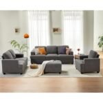 groovecraft Carlos Wooden 7 Seater Fabric 1 Armchair 2 Seater Loveseat Sofa and 3 Seater Sofa with Ottoman for Living Room (Premium Velvet, Grey)