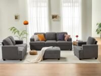 groovecraft Carlos Wooden 7 Seater Fabric 1 Armchair 2 Seater Loveseat Sofa and 3 Seater Sofa with Ottoman for Living Room (Premium Velvet, Grey)