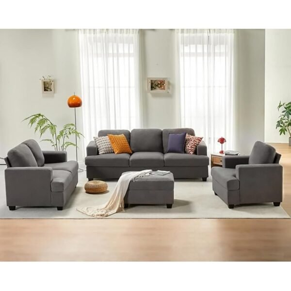 groovecraft Carlos Wooden 7 Seater Fabric 1 Armchair 2 Seater Loveseat Sofa and 3 Seater Sofa with Ottoman for Living Room (Premium Velvet, Grey)