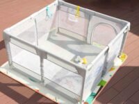 120x120 cm Playpen for Baby up to 3 Years with Safety Lock & Anti-Fall Grasp Rings (No Ball/No Mat, Non-Foldable) - Grey