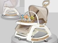 Infantso Prime (5-in-1) Baby Rocker for 0 to 2 Years with Mosquito Net | Portable Rocker for Newborn | Convertible Walker, Feeding Chair, Push Cart & Seat with Music, Light, Tray & Canopy - Beige