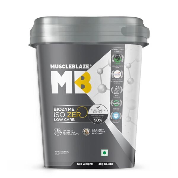 MuscleBlaze Biozyme Iso-Zero, Low Carb Whey Protein Isolate Powder, 27g Isolate Whey Per Scoop (Ice Cream Chocolate, 4kg / 8.8lbs) | USA Patent-Published Enhanced Absorption Formula (EAF)