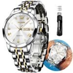 OLEVS Original Men's Diamond Watch Analog Quartz Stainless Steel Calendar Business Dress Watch with Luminous Waterproof Casual Wristwatch