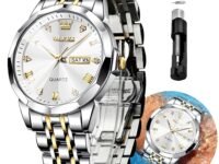 OLEVS Original Men's Diamond Watch Analog Quartz Stainless Steel Calendar Business Dress Watch with Luminous Waterproof Casual Wristwatch