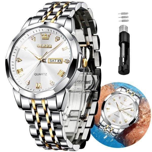 OLEVS Original Men's Diamond Watch Analog Quartz Stainless Steel Calendar Business Dress Watch with Luminous Waterproof Casual Wristwatch
