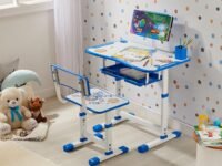 Amazon Brand - Supples Study Table for Kids | Suitable for 3-12 Years | Kids Study Table with Height Adjustable Table & Chair, Book Storage & Pen Holder | Blue | Astronaut Print
