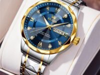 OLEVS Men's Business Watch Gold Blue with Large Easy-Read Analog Quartz Date Display Luxury Stainless Steel Band Waterproof Luminous Hands