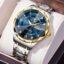 OLEVS Men's Business Watch Gold Blue with Large Easy-Read Analog Quartz Date Display Luxury Stainless Steel Band Waterproof Luminous Hands
