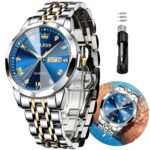 OLEVS Original Men's Diamond Watch Analog Quartz Stainless Steel Calendar Business Dress Watch with Luminous Waterproof Casual Wristwatch