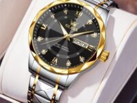 OLEVS Men's Business Watch Gold Blue with Large Easy-Read Analog Quartz Date Display Luxury Stainless Steel Band Waterproof Luminous Hands