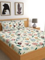 LOOMLYFE 300 TC Cotton Feel Glace Cotton Elastic Fitted Printed King Size Double Bed Bedsheet with 2 Pillow Covers Fits Upto 8 inches Mattress, Size- 72X78 Inches, Peachflower
