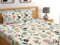 LOOMLYFE 300 TC Cotton Feel Glace Cotton Elastic Fitted Printed King Size Double Bed Bedsheet with 2 Pillow Covers Fits Upto 8 inches Mattress, Size- 72X78 Inches, Peachflower