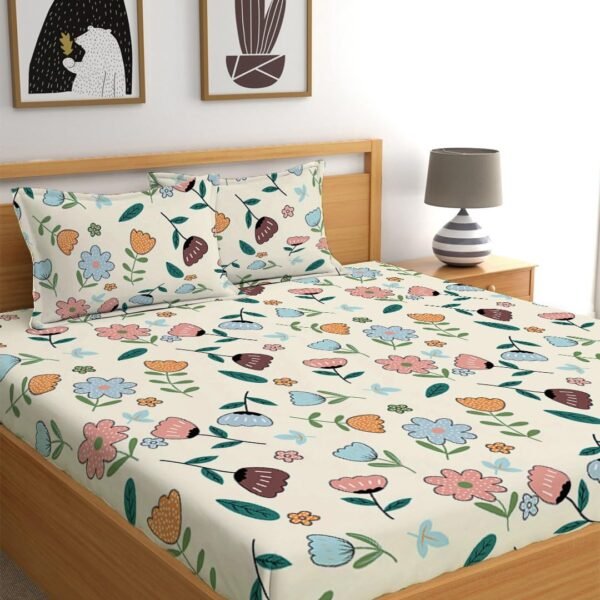 LOOMLYFE 300 TC Cotton Feel Glace Cotton Elastic Fitted Printed King Size Double Bed Bedsheet with 2 Pillow Covers Fits Upto 8 inches Mattress, Size- 72X78 Inches, Peachflower