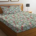 LOOMLYFE 300 TC Cotton Feel Glace Cotton Elastic Fitted Printed King Size Double Bed Bedsheet with 2 Pillow Covers Fits Upto 8 inches Mattress, Size- 72X78 Inches, GreenRedFlower