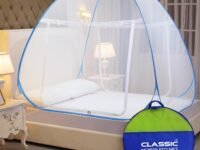 Classic Mosquito Net for Double Bed | Queen Size Foldable Machardani | Polyester 30GSM Strong Net | PVC Coated Corrosion Resistant Steel Wire - Blue