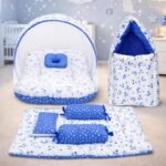 Infantbond Designer Mattress with Net | Baby Sleeping Bag | Carry Bed (0-6 Months) (Moon Blue (N,S))