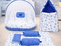 Infantbond Designer Mattress with Net | Baby Sleeping Bag | Carry Bed (0-6 Months) (Moon Blue (N,S))