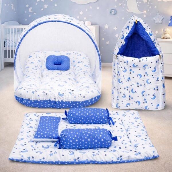 Infantbond Designer Mattress with Net | Baby Sleeping Bag | Carry Bed (0-6 Months) (Moon Blue (N,S))