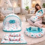 Infantbond Baby Mattress with net | Baby Carry Bag | 4 Pcs Bedding Set | Baby Nest (0-6 Months) (Pista Green Sprial) (Full Set Nest)