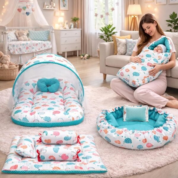 Infantbond Baby Mattress with net | Baby Carry Bag | 4 Pcs Bedding Set | Baby Nest (0-6 Months) (Pista Green Sprial) (Full Set Nest)