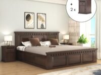 SONA ART & CRAFTS Kuber Solid Sheesham Wood King Size Bed with Storage Box + 2 Side Tables | Wooden King Size Cot Bed | Double Bed with Box with 2 Bedside Tables for Home Walnut (Assembly Included)