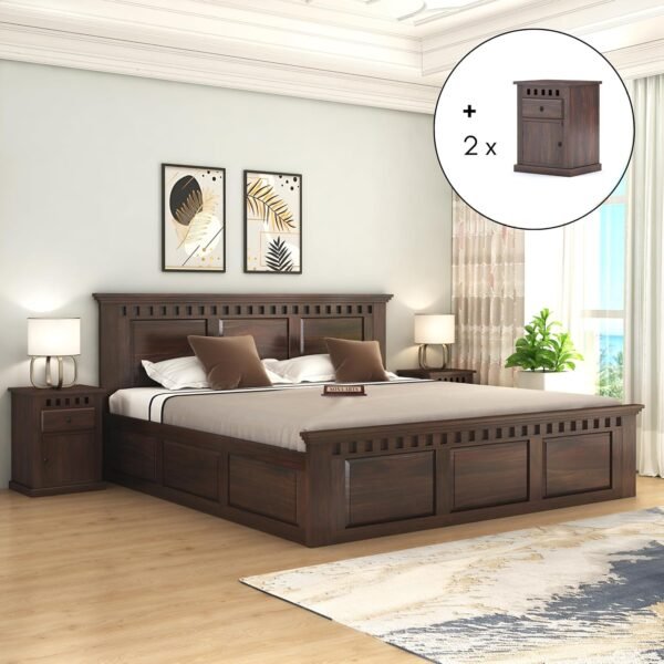 SONA ART & CRAFTS Kuber Solid Sheesham Wood King Size Bed with Storage Box + 2 Side Tables | Wooden King Size Cot Bed | Double Bed with Box with 2 Bedside Tables for Home Walnut (Assembly Included)