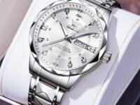 OLEVS Men's Business Watch Gold Blue with Large Easy-Read Analog Quartz Date Display Luxury Stainless Steel Band Waterproof Luminous Hands