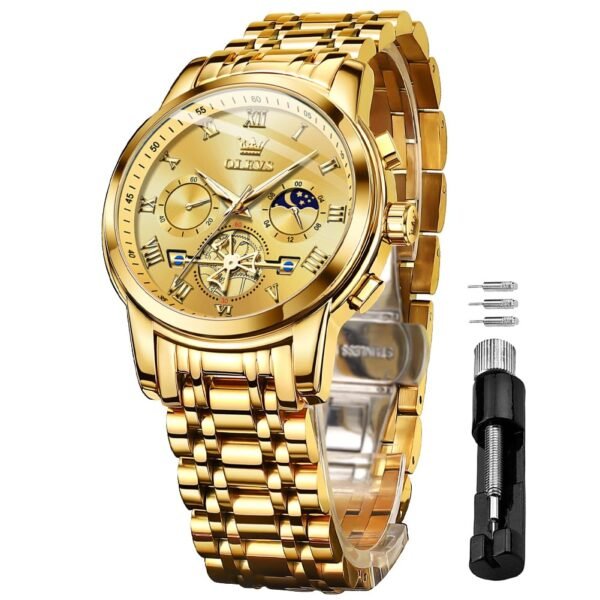 OLEVS Watches for Men Chronograph Business Wrist Watches Analog Quartz Moon Phase Stainless Steel Waterproof Luminous Dress Watches