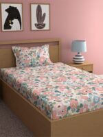 LOOMLYFE 300 TC Cotton Feel Glace Elastic Fitted Printed Single Bed Bedsheet with 1 Pillow Cover Fits Upto 6 Inches Mattress,Size- 42X75X8 Inches, Pinkflowers