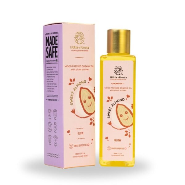 Little Rituals SWEET ALMOND (BADAM OIL) Baby Massage Oil and Hair oil, Cold Pressed and Certified ORGANIC with SWISS Plant Actives. Dermatologist Tested by Pediatrics, Mild & Gentle & Safe (200 ML)