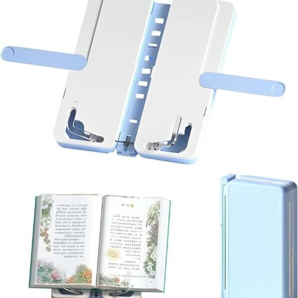 2 in 1 Foldable Reading Bookshelf and Pencil Box Easy to Use Reading Stand Pencil Case Organizer for Students (Blue)